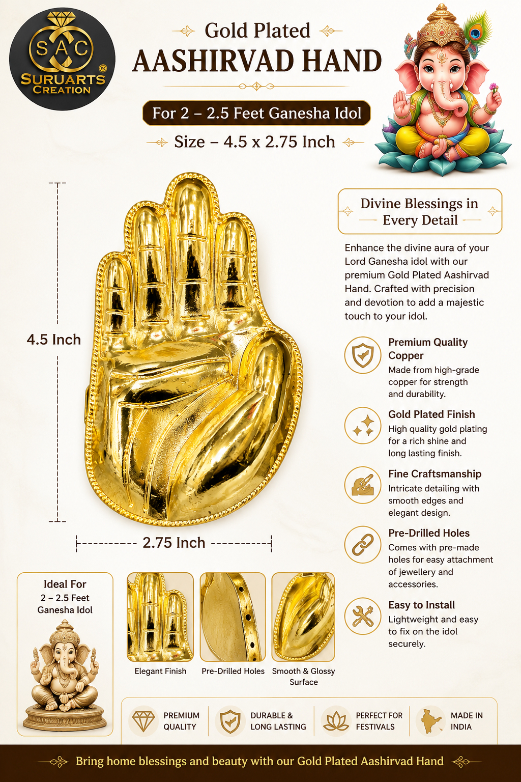 Gold Plated Aashirvad Hand for 2–2.5 Feet Ganesha Idol |
