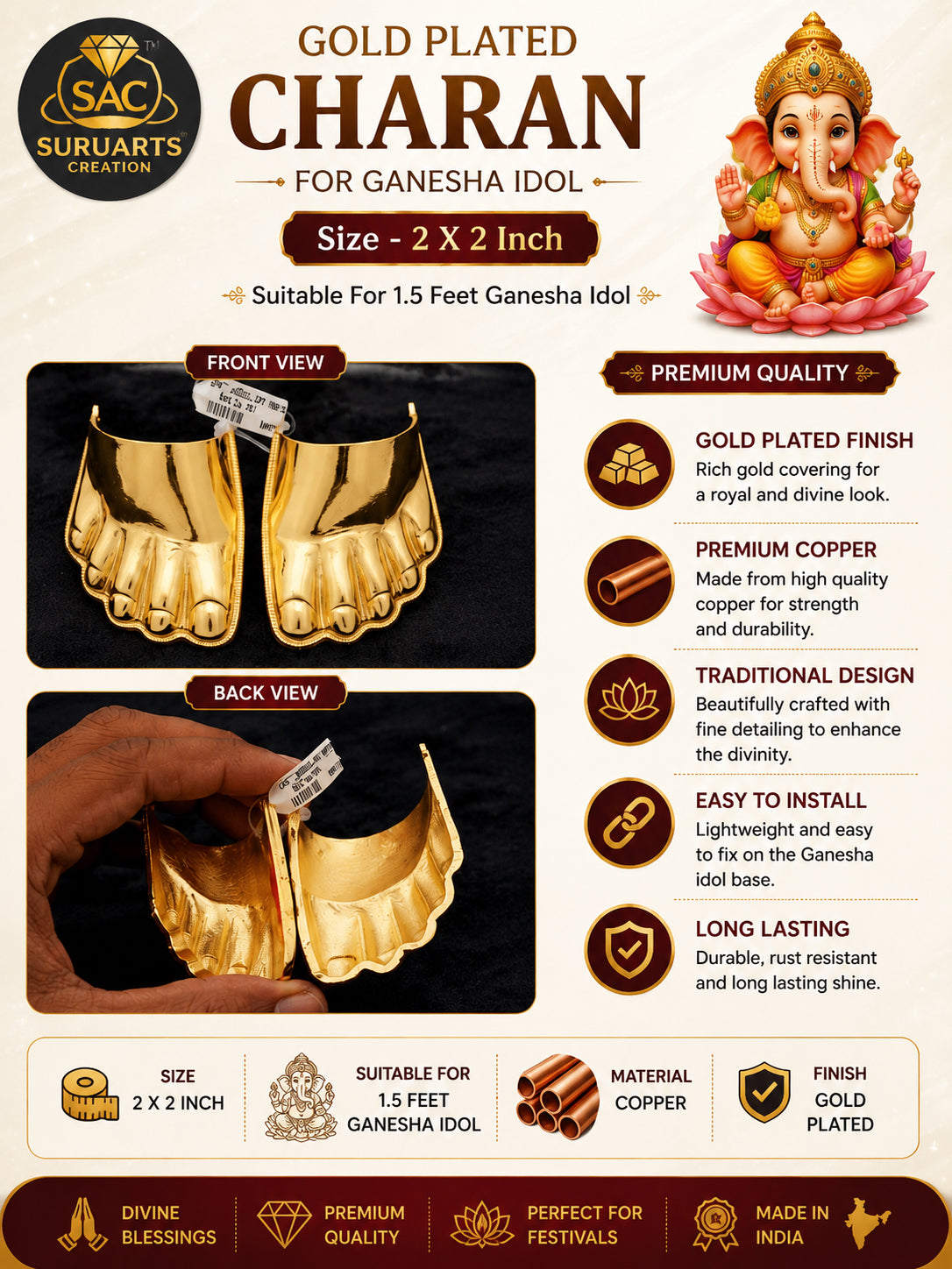 Gold Plated Charan for 1.5 Feet Ganesha Idol