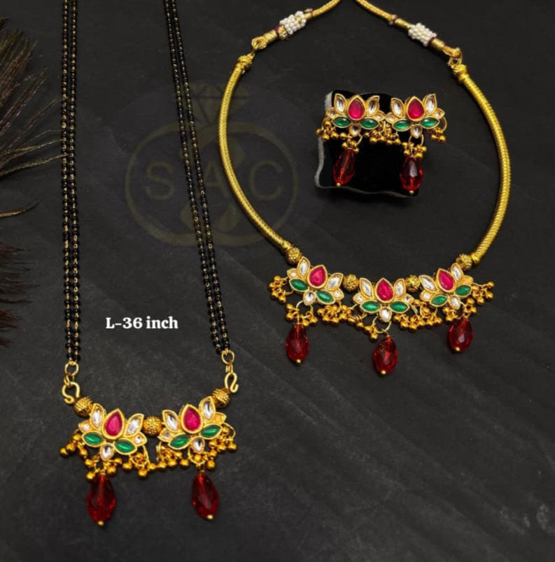 Handmade कठमळ Necklace Mangalsutra Combo Set - 368