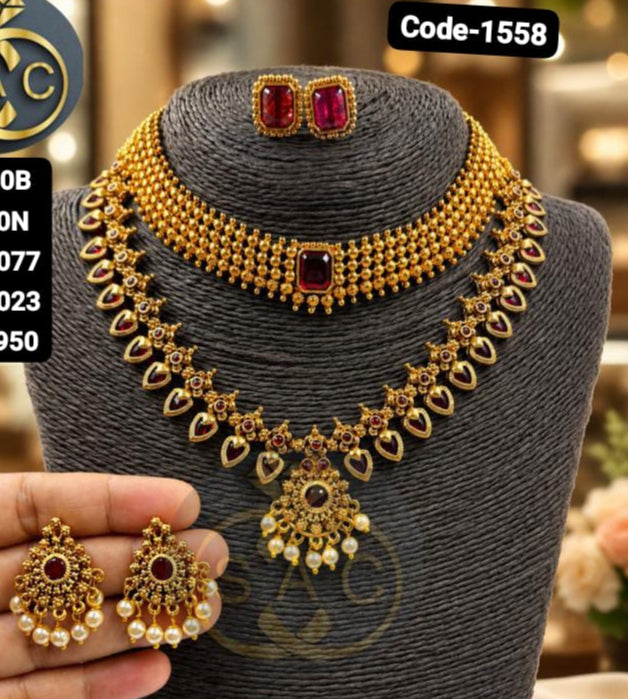Premium Quality South Palakka Necklace Combo Set ( Red Stone ) -1558
