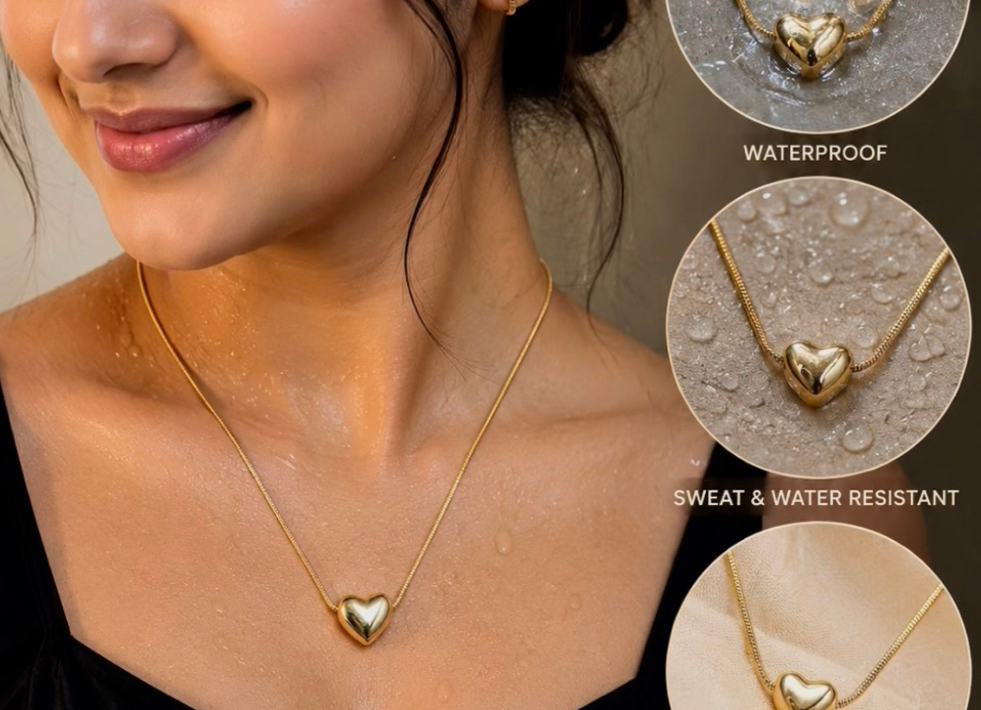 18K Gold Plated Waterproof Puffed Heart Pendant Necklace