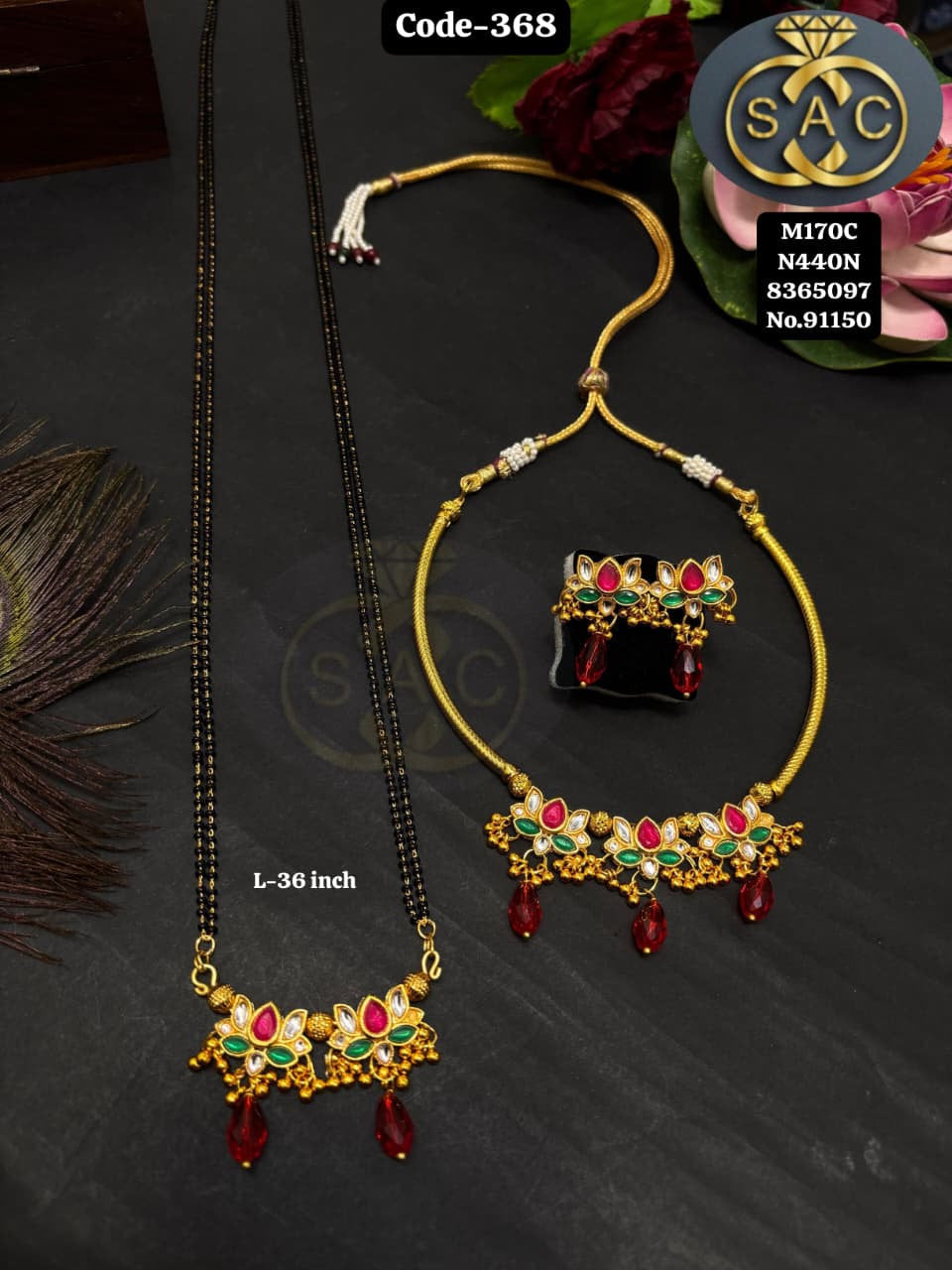 Handmade कठमळ Necklace Mangalsutra Combo Set - 368