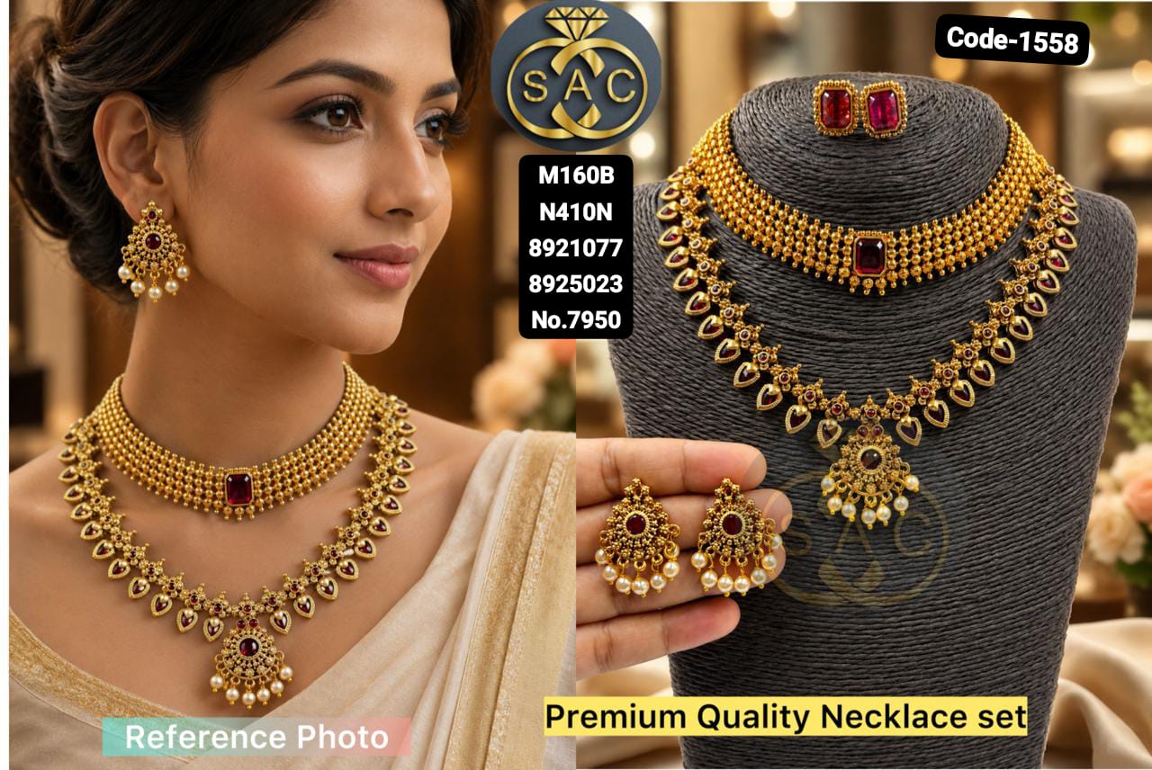 Premium Quality South Palakka Necklace Combo Set ( Red Stone ) -1558