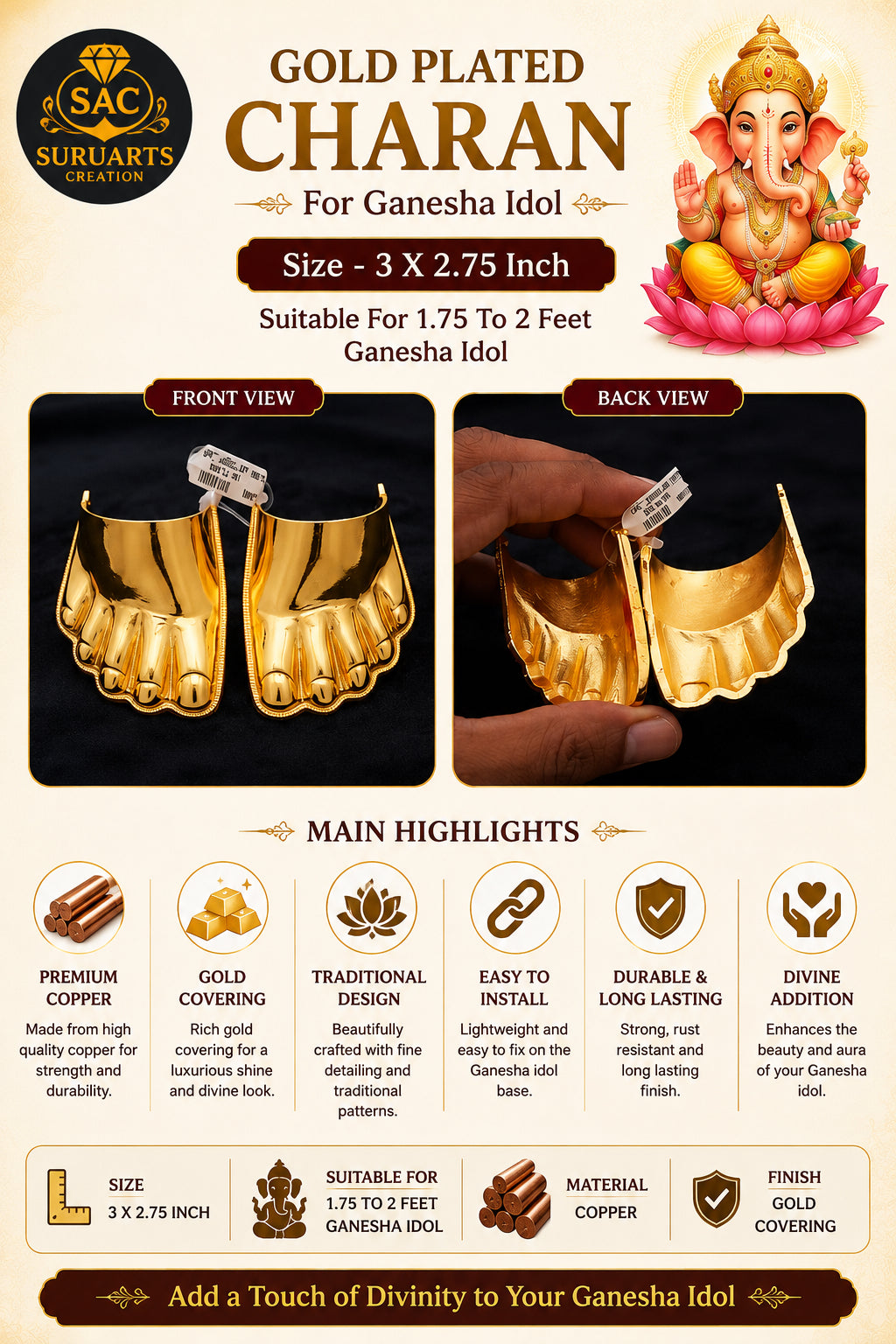 Gold Plated Charan for 1.75–2 Feet Ganesha Idol