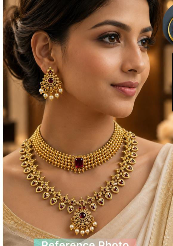 Premium Quality South Palakka Necklace Combo Set ( Red Stone ) -1558