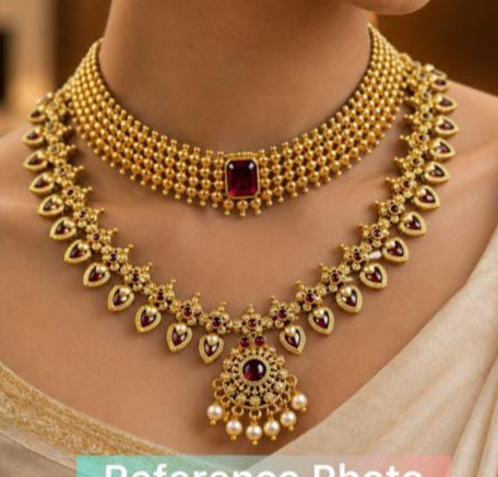Premium Quality South Palakka Necklace Combo Set ( Red Stone ) -1558