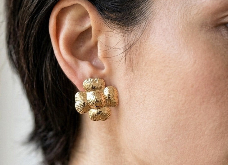 18 KT Gold Plated Textured Floral Stud Earrings