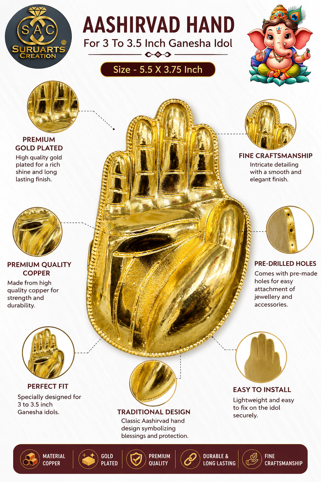 Gold Plated Aashirvad Hand for 3–3.5 Feet Ganesha Idol