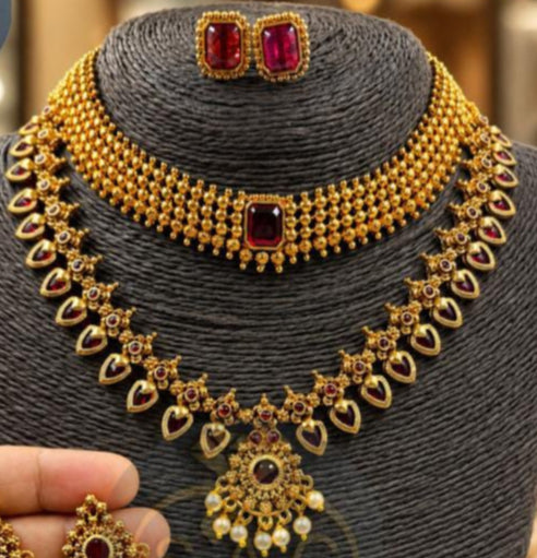 Premium Quality South Palakka Necklace Combo Set ( Red Stone ) -1558