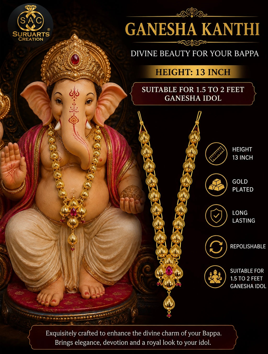 Ganesha Modak Kanthi – Gold Plated Necklace for Ganesha Idol